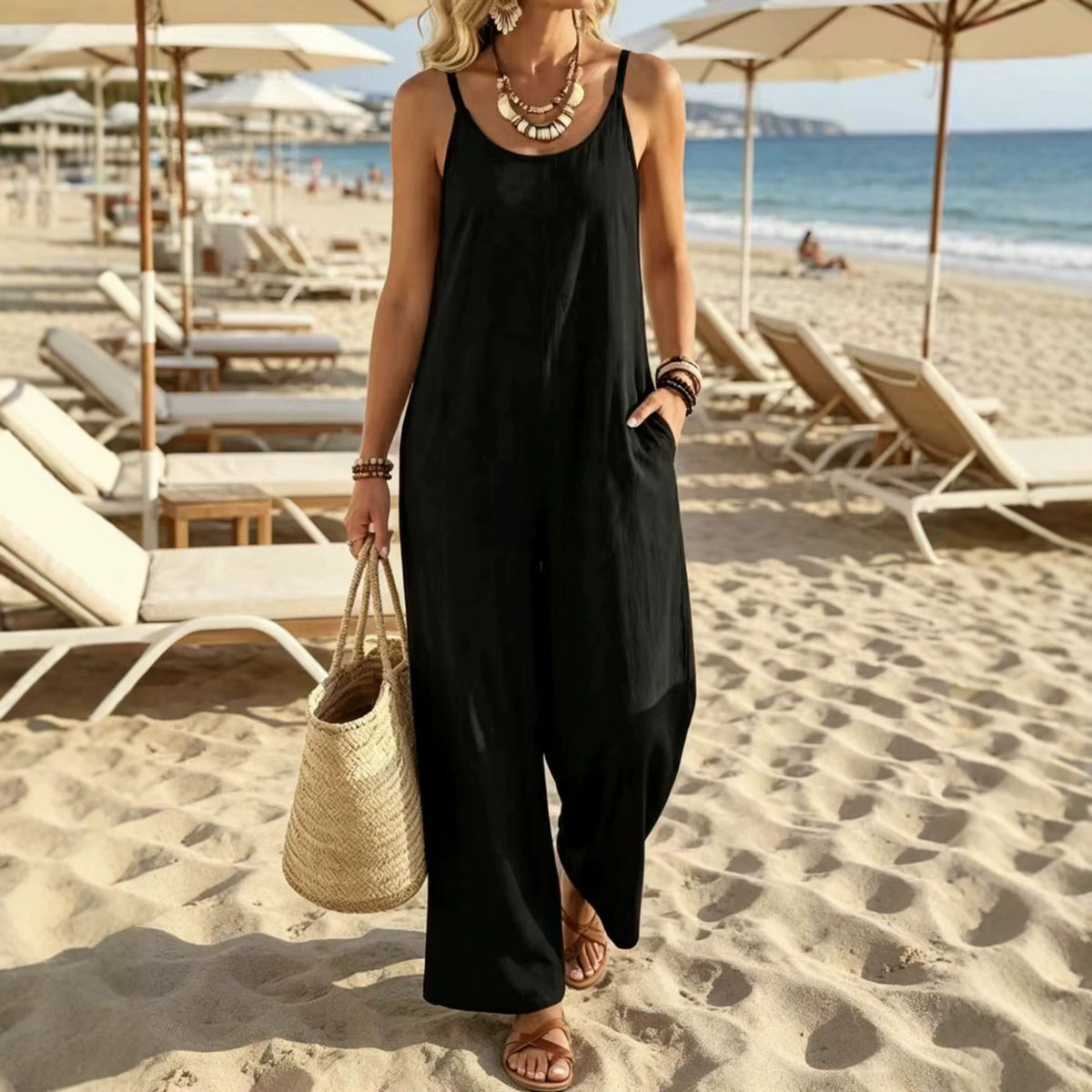 Womens Casual Resort-style Loose-fit Strap Solid-color Jumpsuit by Ricaloux
