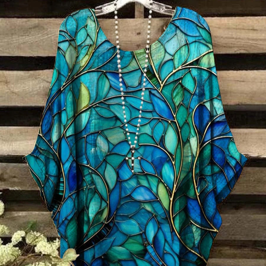 Ethnic-style Printed Loose-fitting Irregular Plus-size Batwing Top by Ricaloux