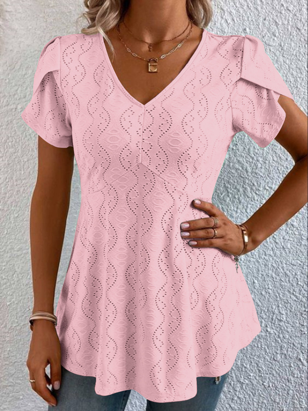 Solid-color V-neck Flutter-sleeve Casual by Ricaloux