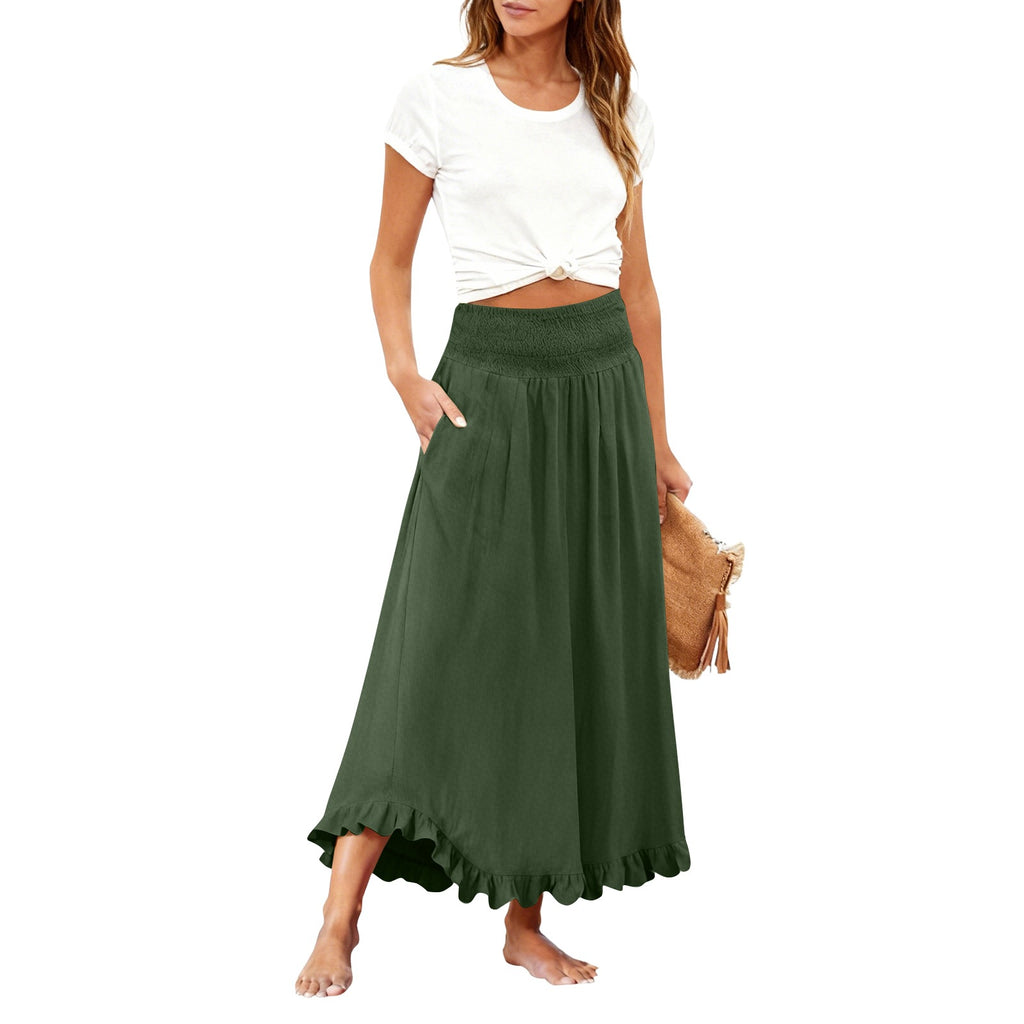 High-waisted Elastic-waist Long Skirt With Ruffled Hem by Ricaloux