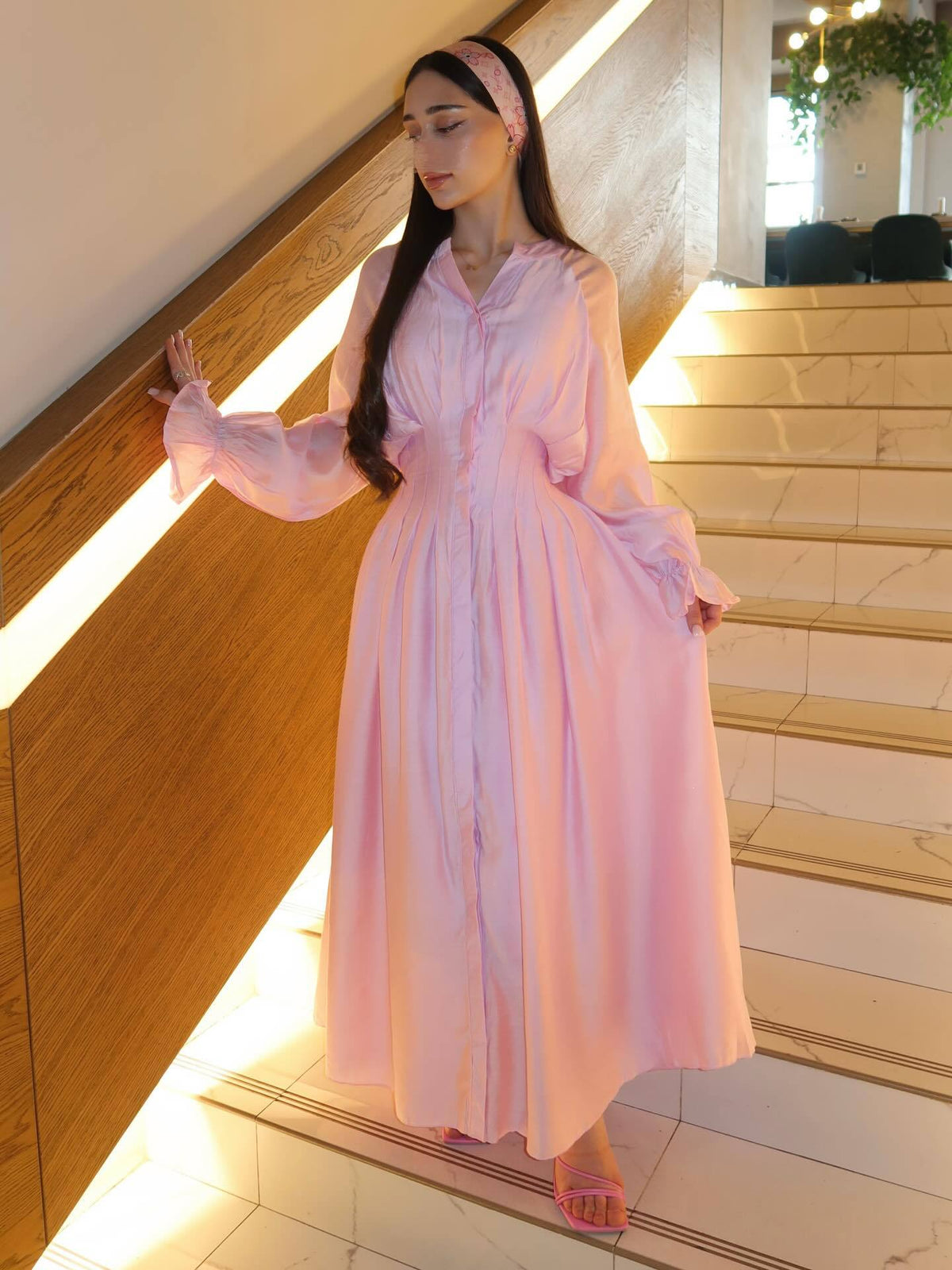 Puff Long Sleeve Gathered Waist Button Front Flowy Dress by Ricaloux