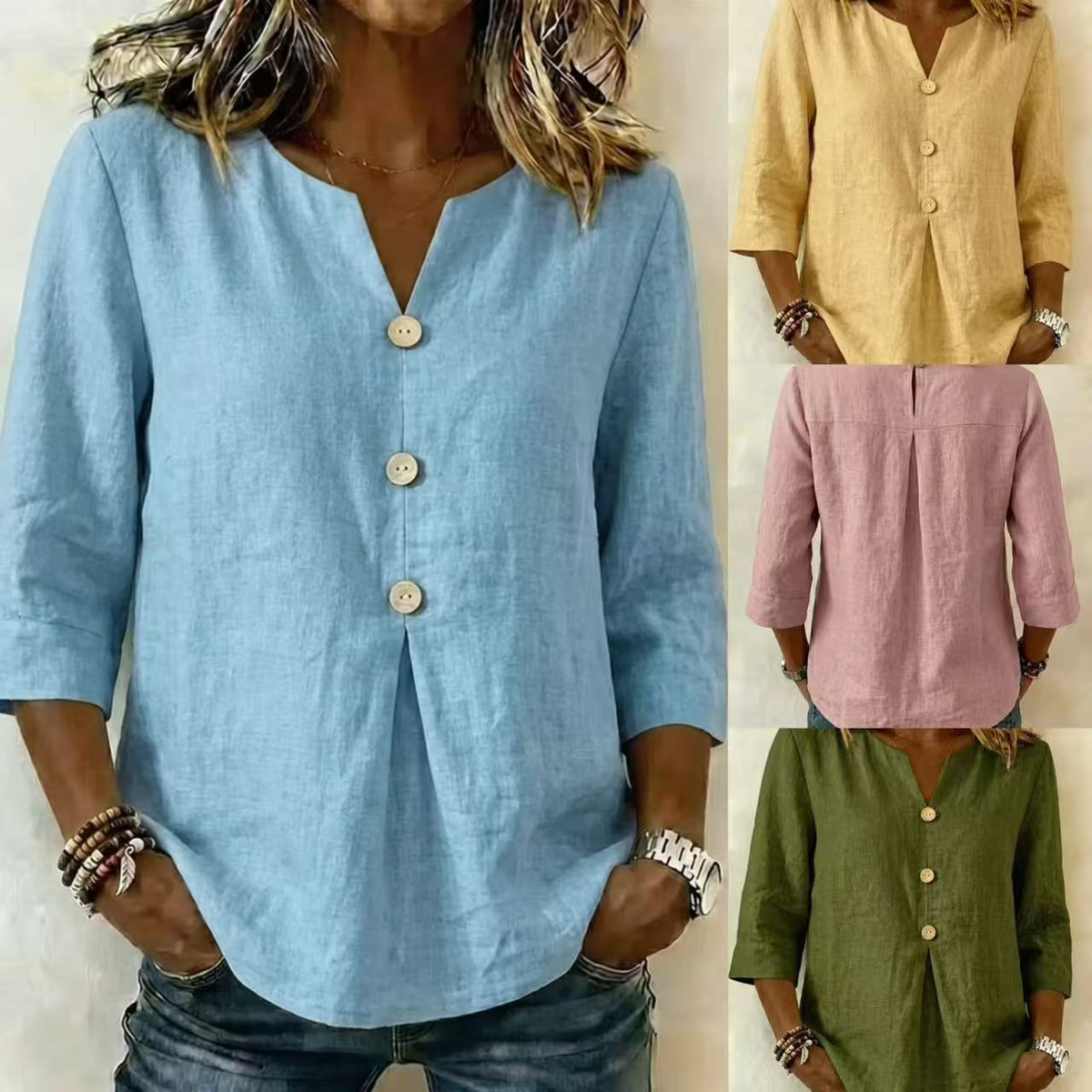 Solid-color V-neck Three-quarter-sleeve Casual Loose-fit Cotton-linen Top by Ricaloux