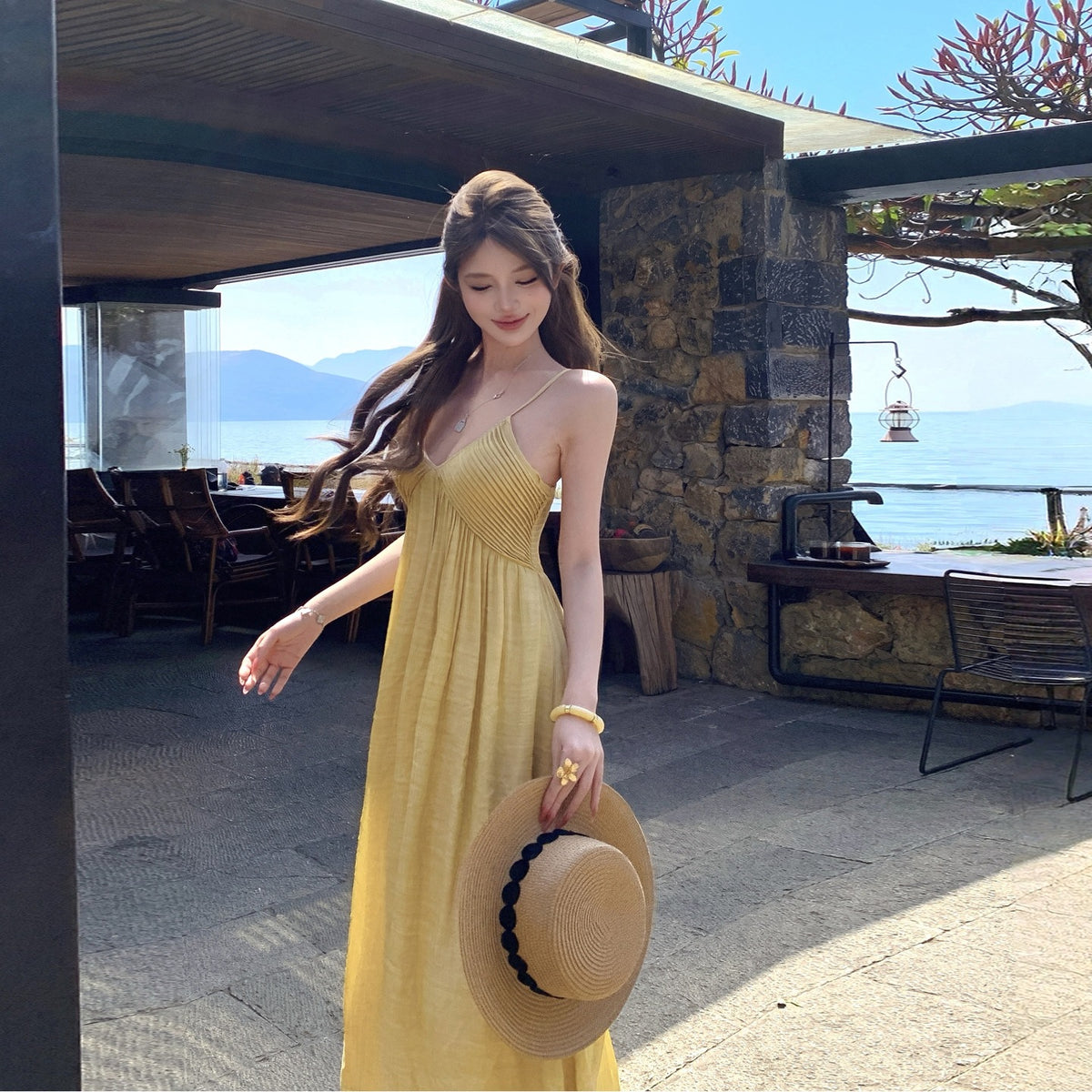 Stunning Yellow V-neck Tea-length Strap Dress For Summer by Ricaloux