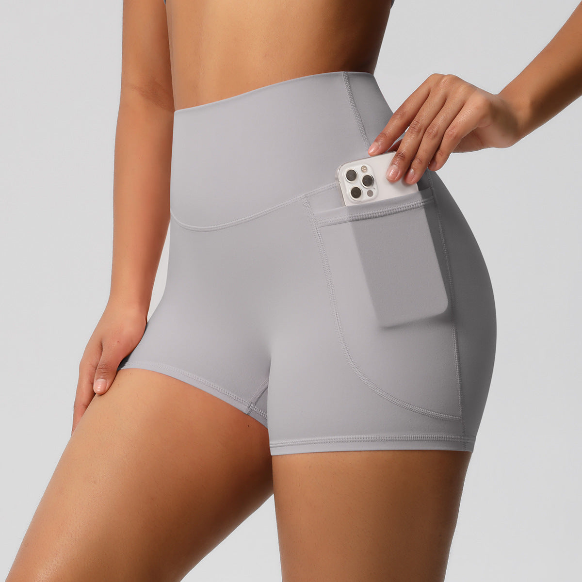 Brushed Solid Color Pocket High Waist Tight High Elastic Yoga Shorts by Ricaloux