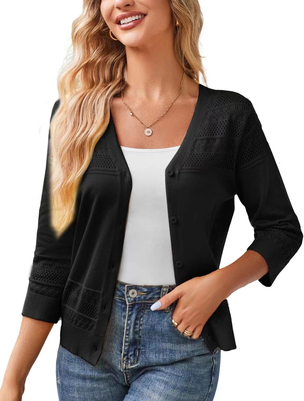 V-neck Cropped Outerwear Hollow-out Knit Cardigan – Premium 0 | RICALOUX