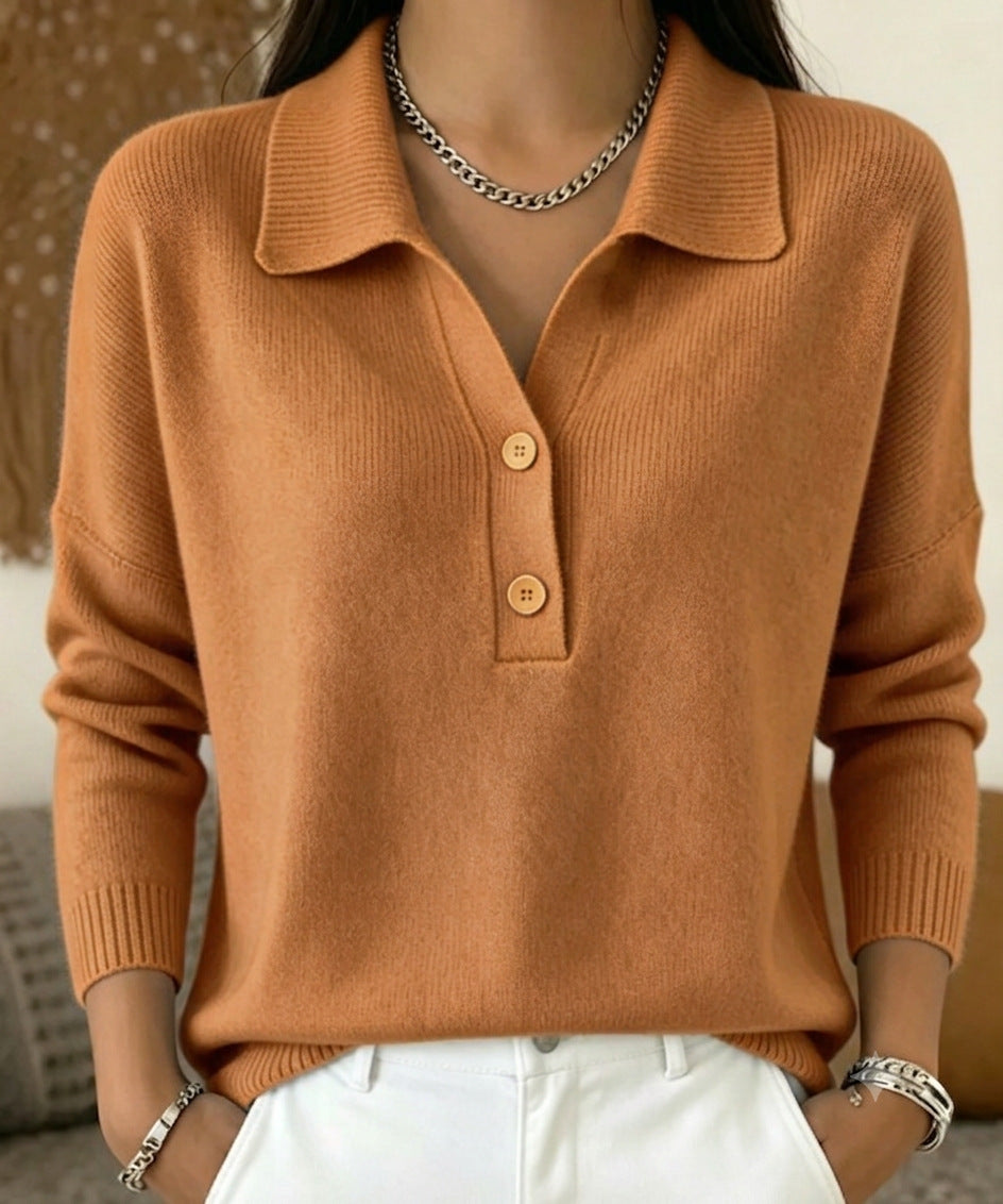 Womens Knitted Sweater With Turn-Down Collar, Casual Knit Top by Ricaloux
