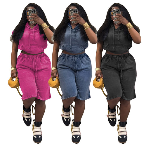 Casual Elastic Washed Shorts Set by Ricaloux