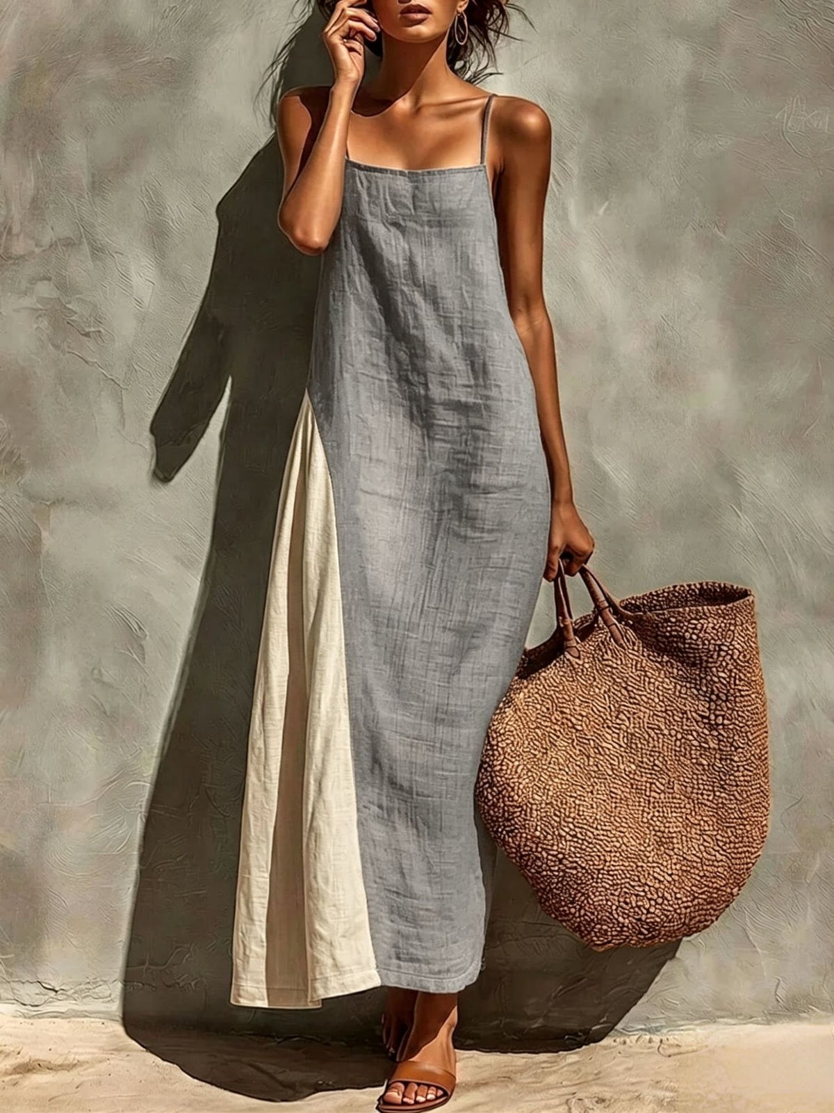 Womens Cotton-linen Versatile Minimalist Strap Dress by Ricaloux