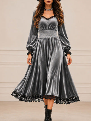 Casual Autumn Lace-Patchwork Velvet Evening Dress by Ricaloux