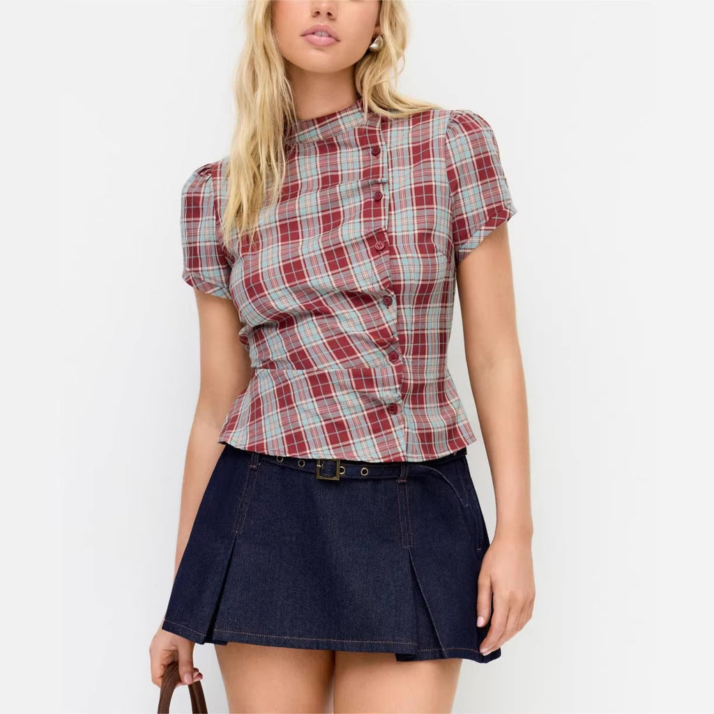 Korean-style Retro Color-block Plaid Stand-collar Short-sleeve Shirt by Ricaloux