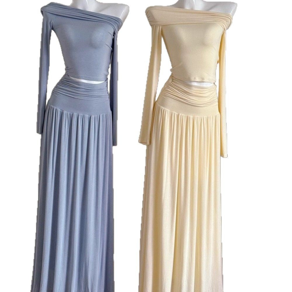 One-shoulder Figure-flattering Long-sleeve Slim-fit High-waist Skirt Two-piece Set by Ricaloux