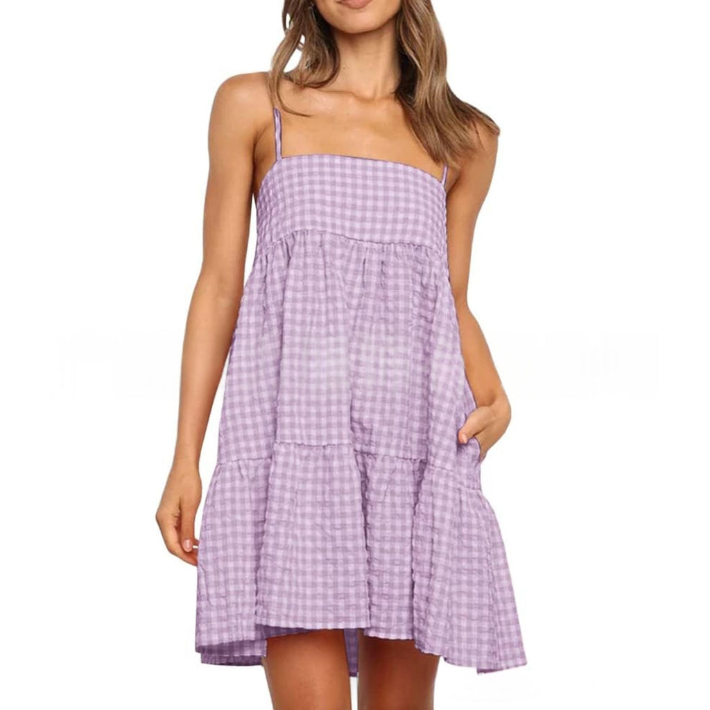Casual Mini Dress With Shoulder Strap Ruffles And Side Pockets by Ricaloux