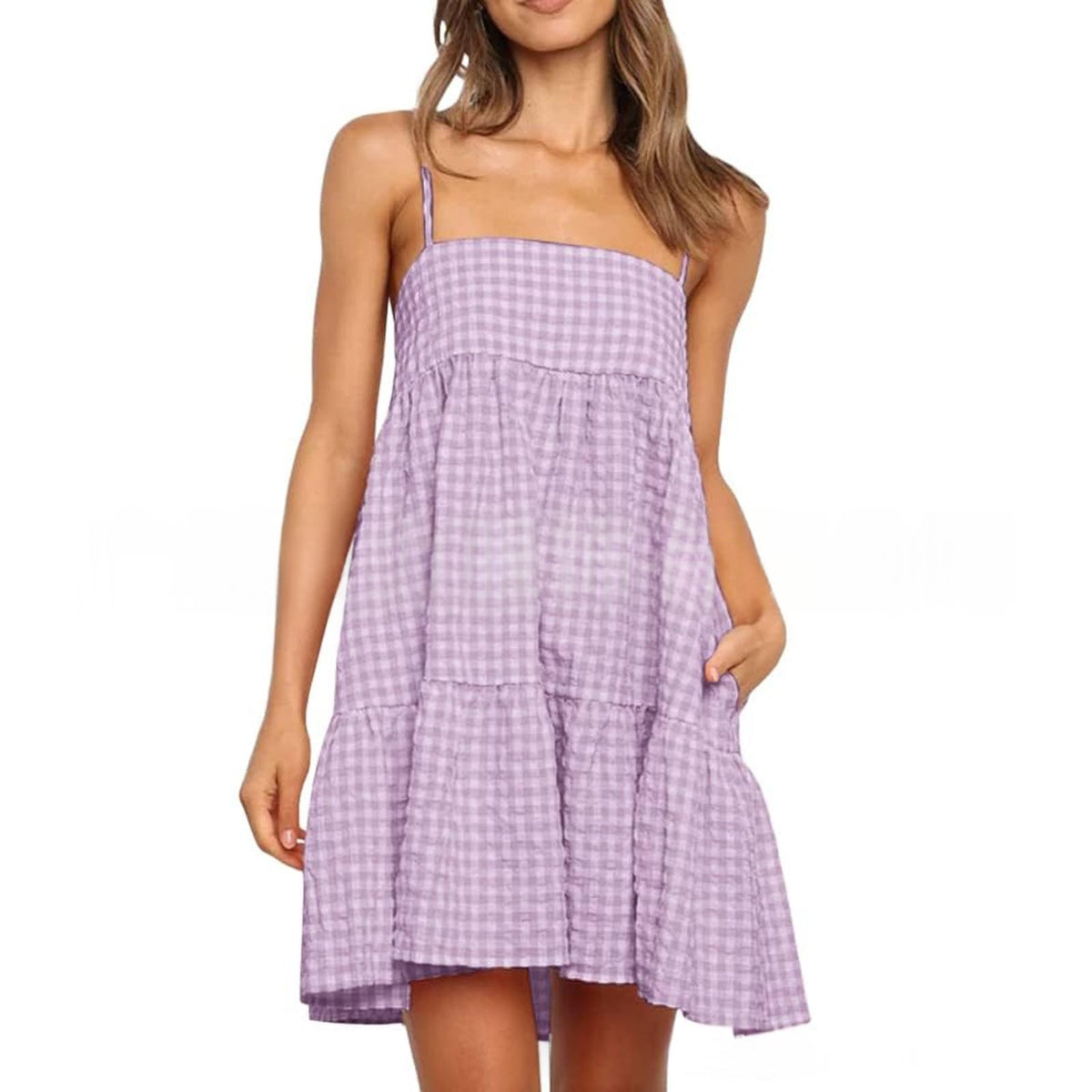 Casual Mini Dress With Shoulder Strap Ruffles And Side Pockets by Ricaloux