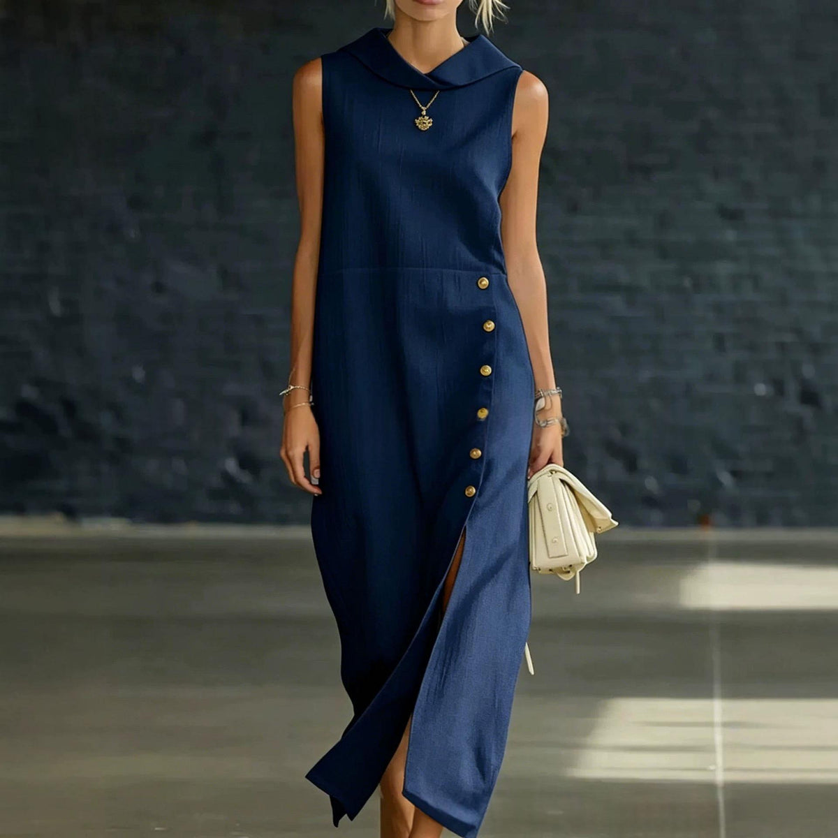 Womens Solid-Color Slit-Neckline Button-Down Long Dress by Ricaloux