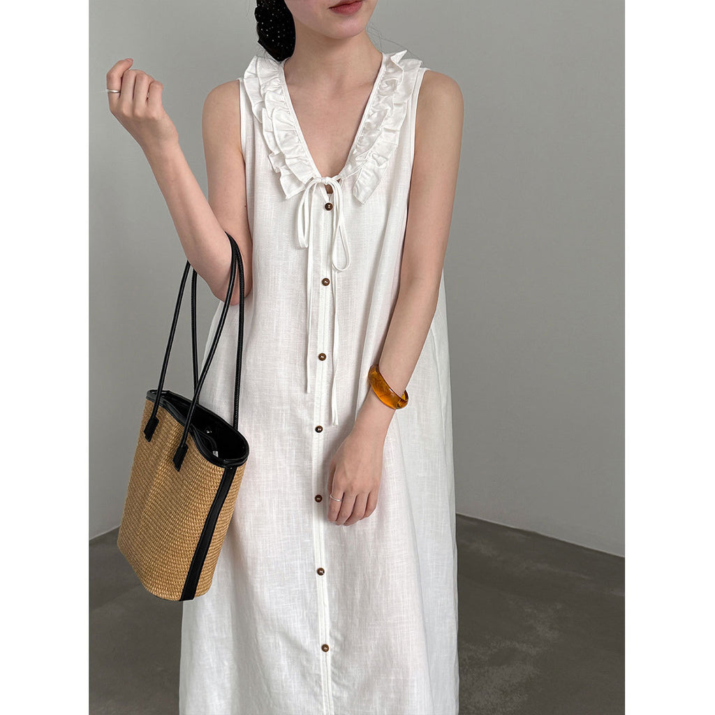 Womens Sleeveless V-Neck Dress With Ruffle Trim by Ricaloux