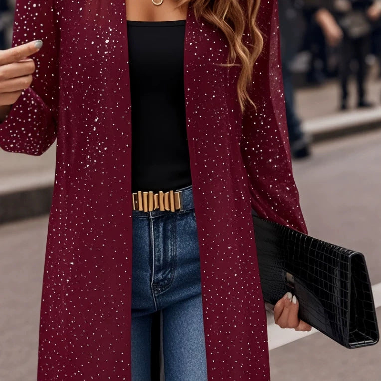 Elegant Semi-sheer Long Cardigan With Shimmering Mesh Detailing For Women by Ricaloux