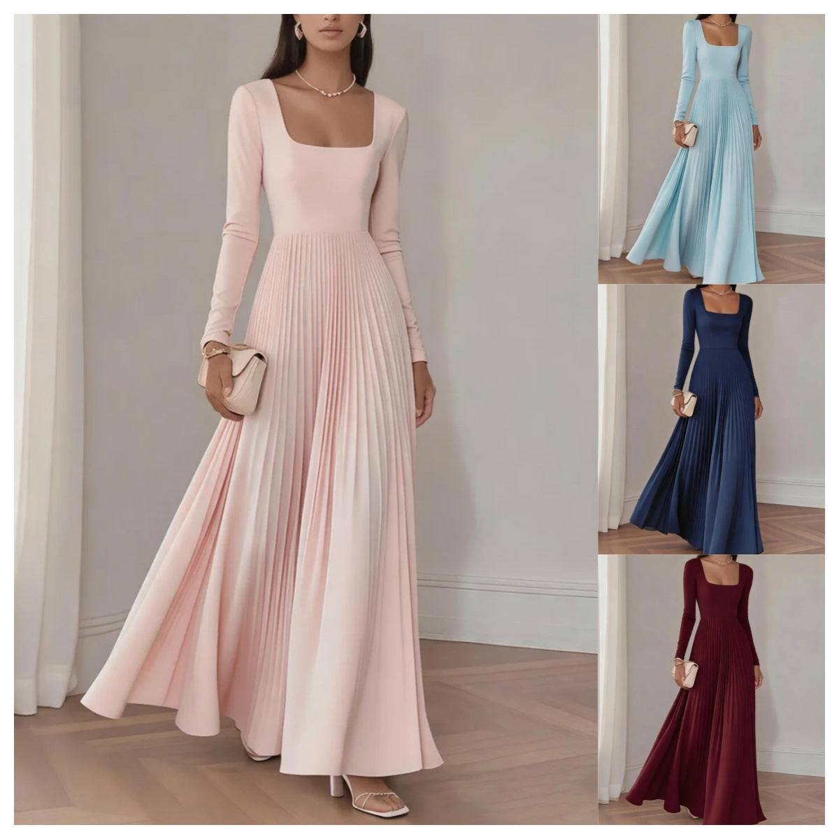 Womens Square-neck Long-sleeve Waist-cinching Pleated Dress – Premium 0 | RICALOUX