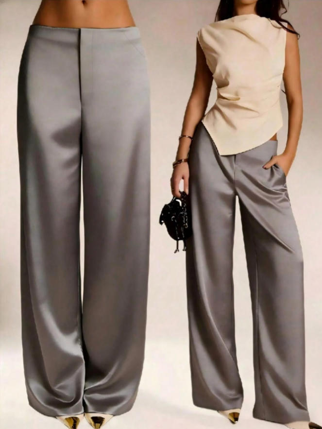 Womens Casual Solid-color Satin Wide-leg Pants by Ricaloux