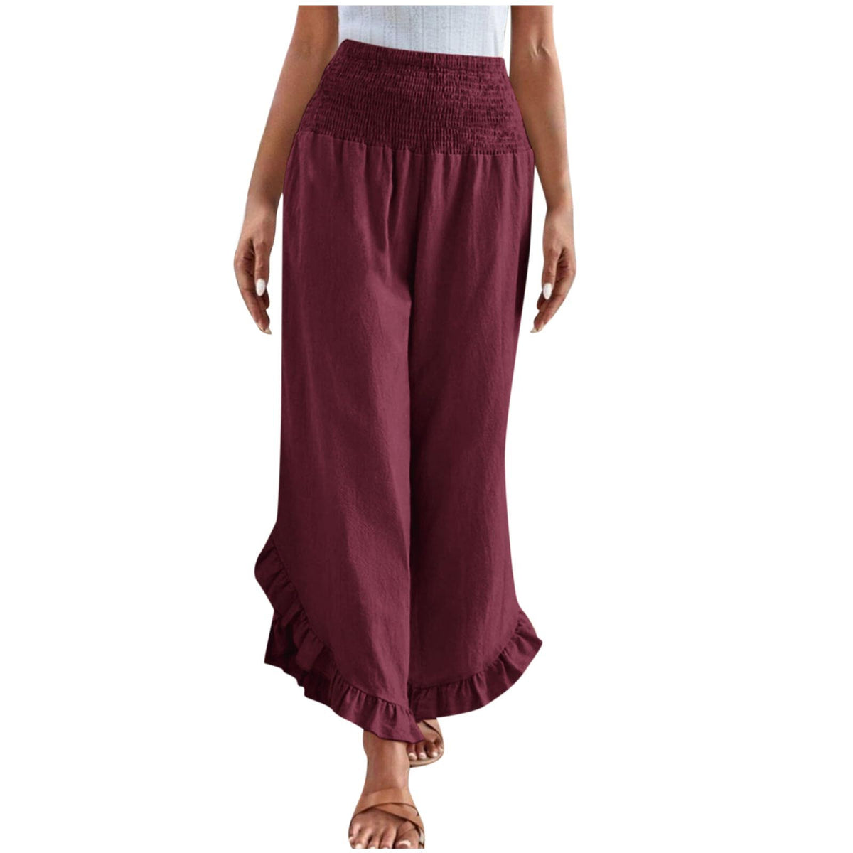 Womens High-waisted Asymmetrical-hem Cotton-linen Relaxed-fit Casual Pants by Ricaloux
