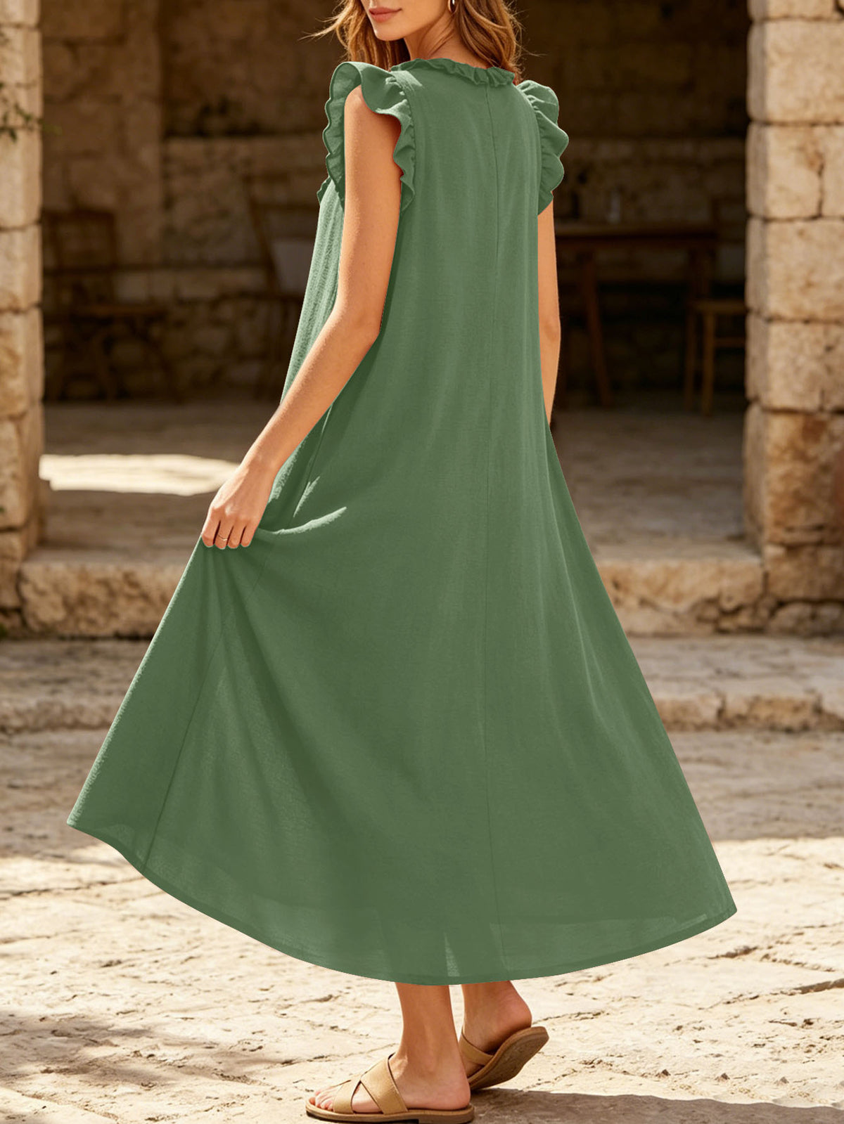 Women's Ruffled V-Neck Cap Sleeve Loose Maxi Dress With Pockets - Casual Boho Beach Long Dress For Summer by Ricaloux