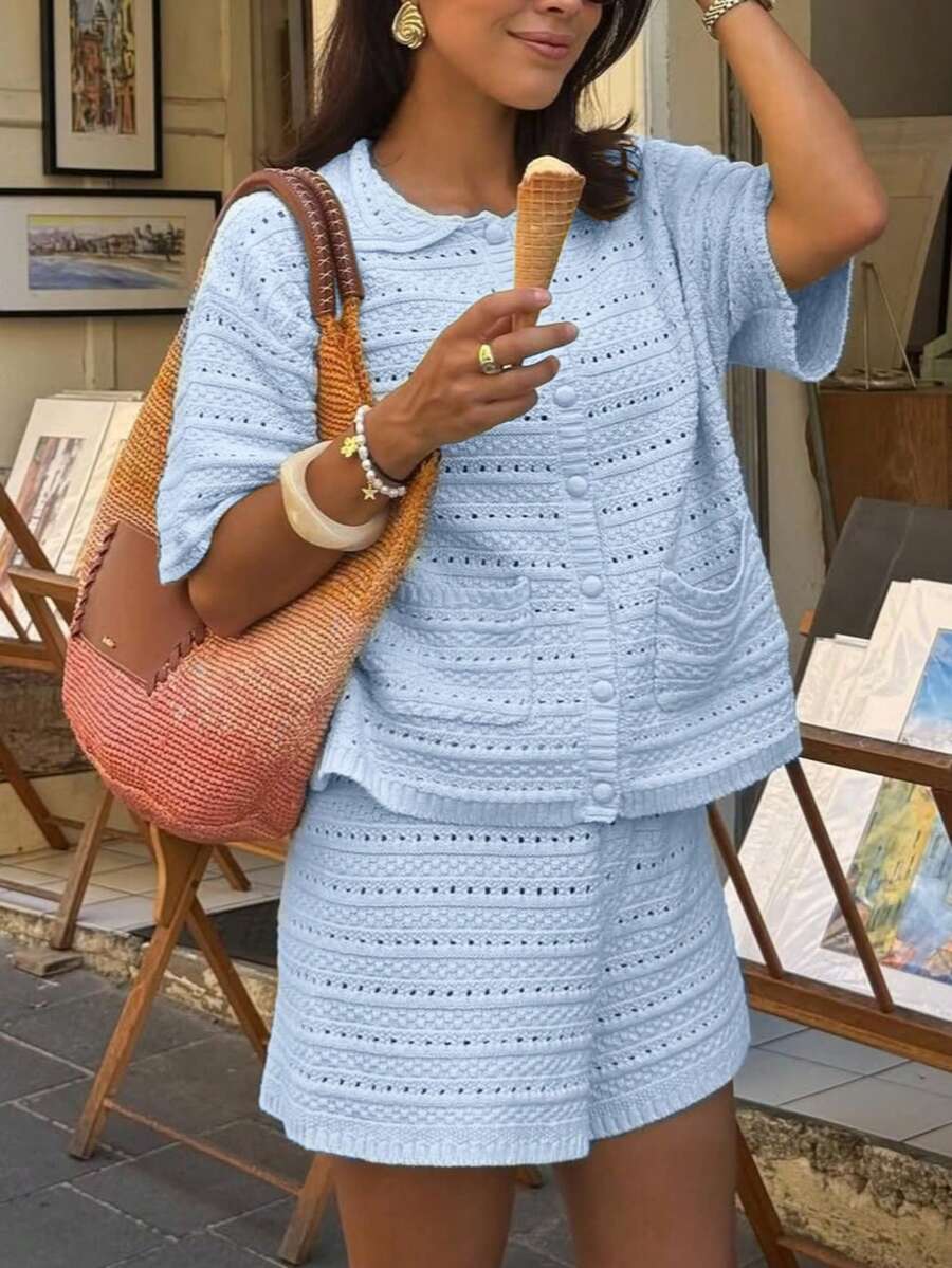 Short-sleeved Solid-color Knitted Cardigan And Shorts 2-piece Set by Ricaloux