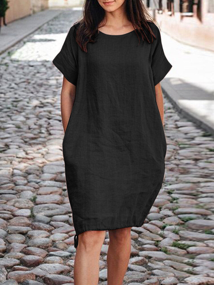 Casual Womens Solid-color Loose-fit Short-sleeve Cotton-linen Dress by Ricaloux