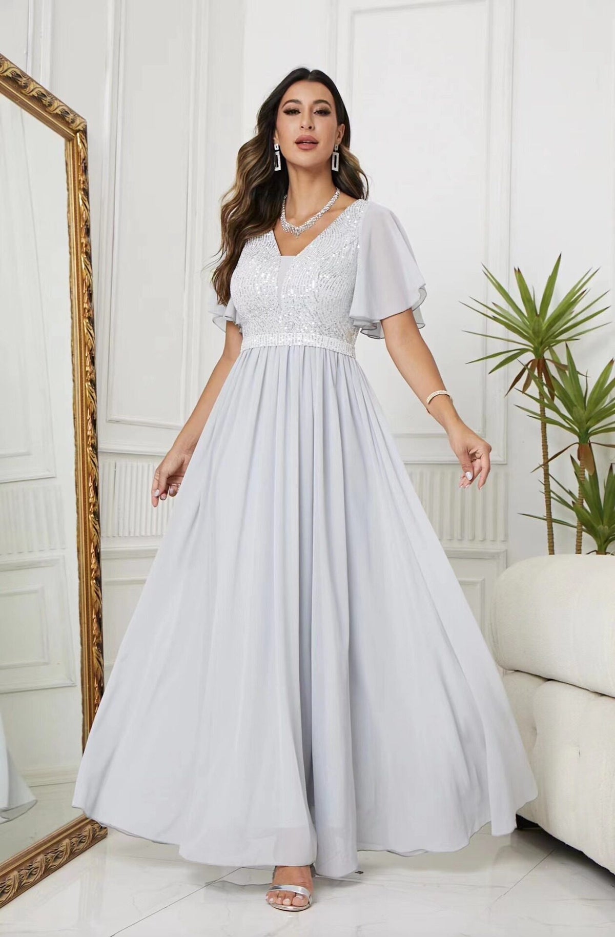 Womens Sexy V-neck Short-sleeve Long Dress by Ricaloux