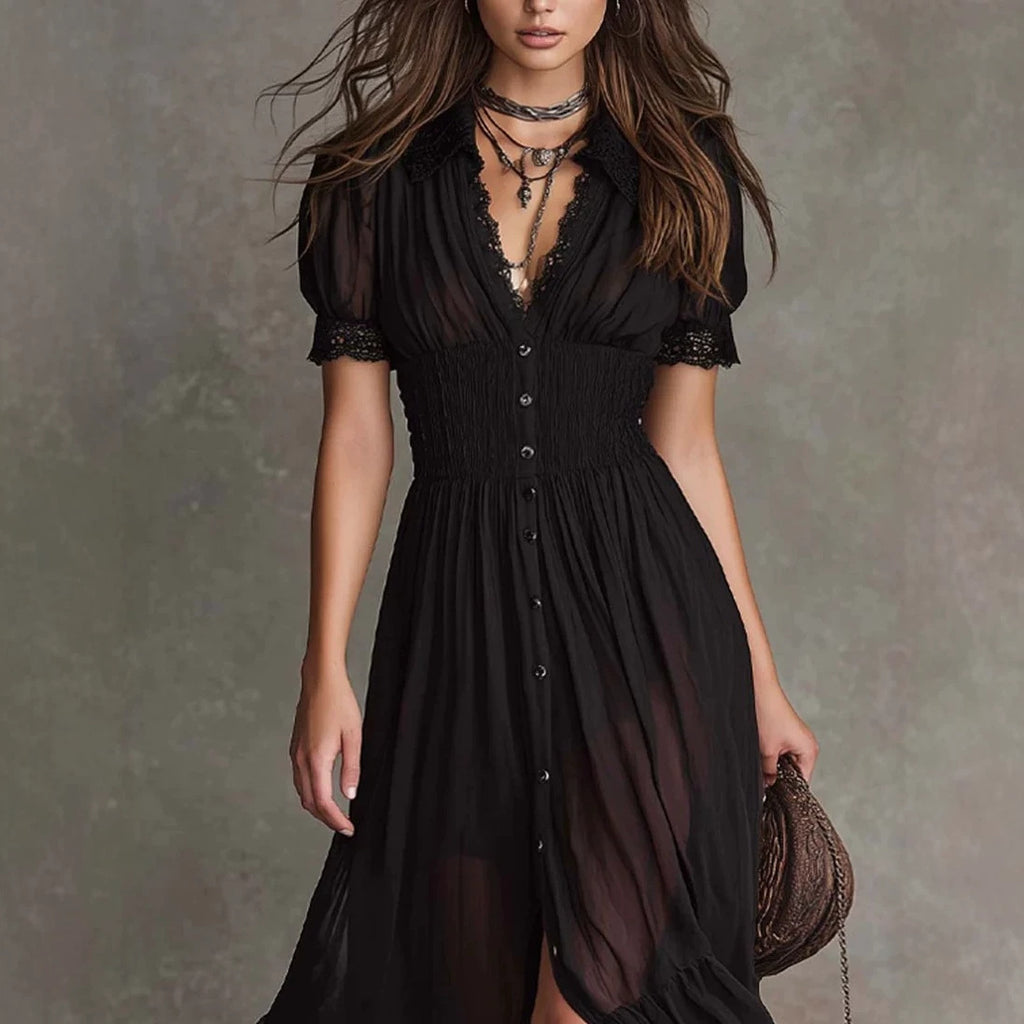 Fitted-waist Ruffled-edge Chic Dark-style V-neck Blouse And Slit Maxi Skirt – Premium 0 | RICALOUX