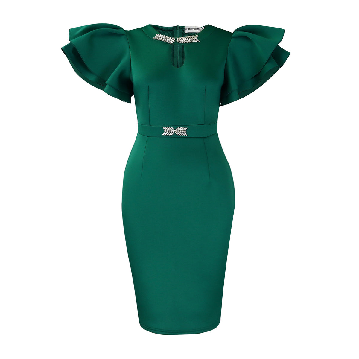 Summer Crew-neck Ruffled-sleeve Rhinestone-embellished Sheath Dress by Ricaloux