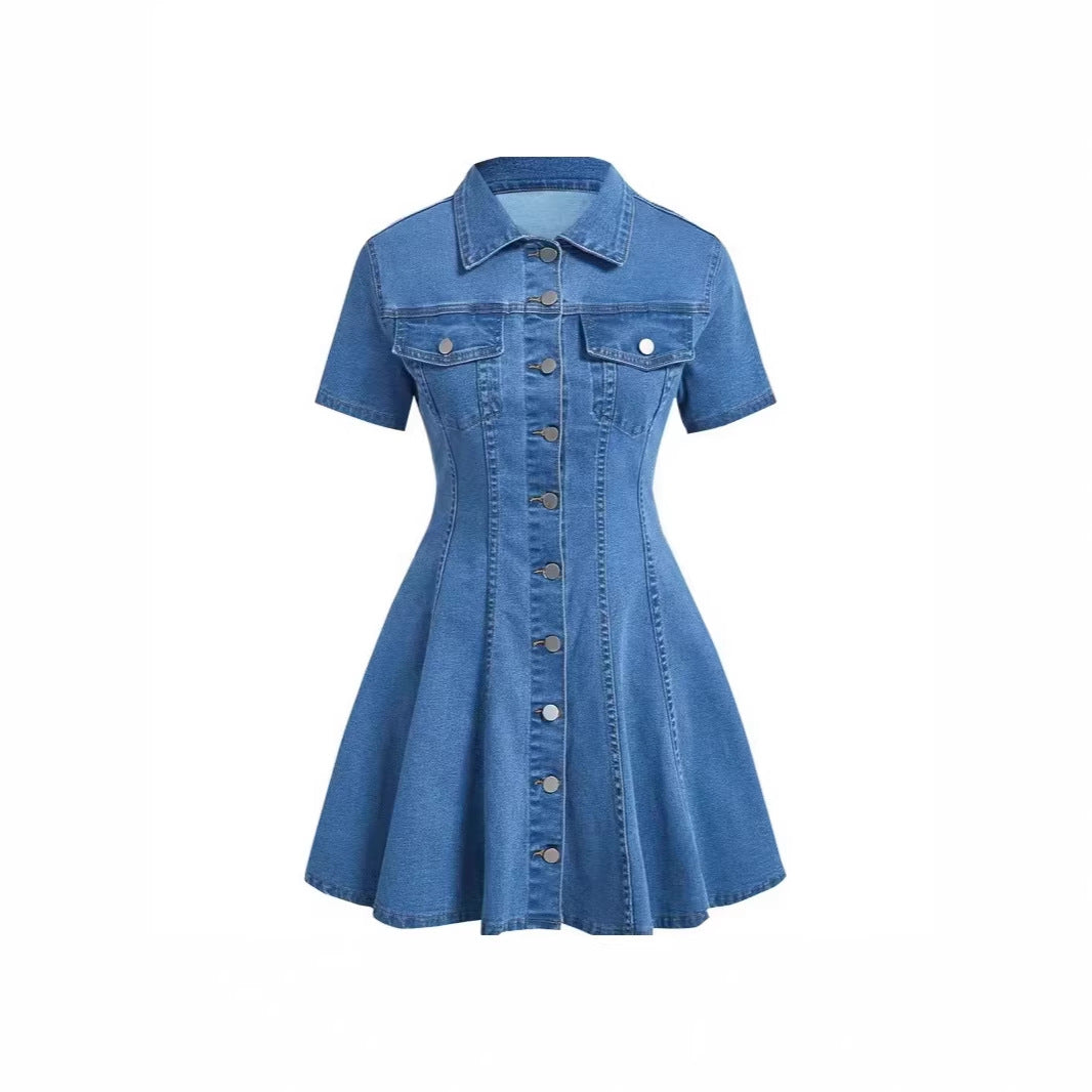 Denim Short-sleeve Cardigan Waist-cinching Dress – Premium 0 | RICALOUX
