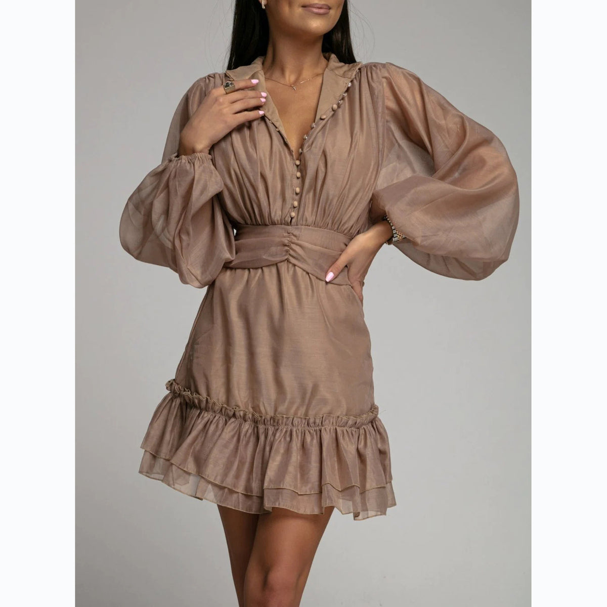 Fashionable Button-front Waist-cinching Lace Dress With Ruffled Hem – Premium 0 | RICALOUX