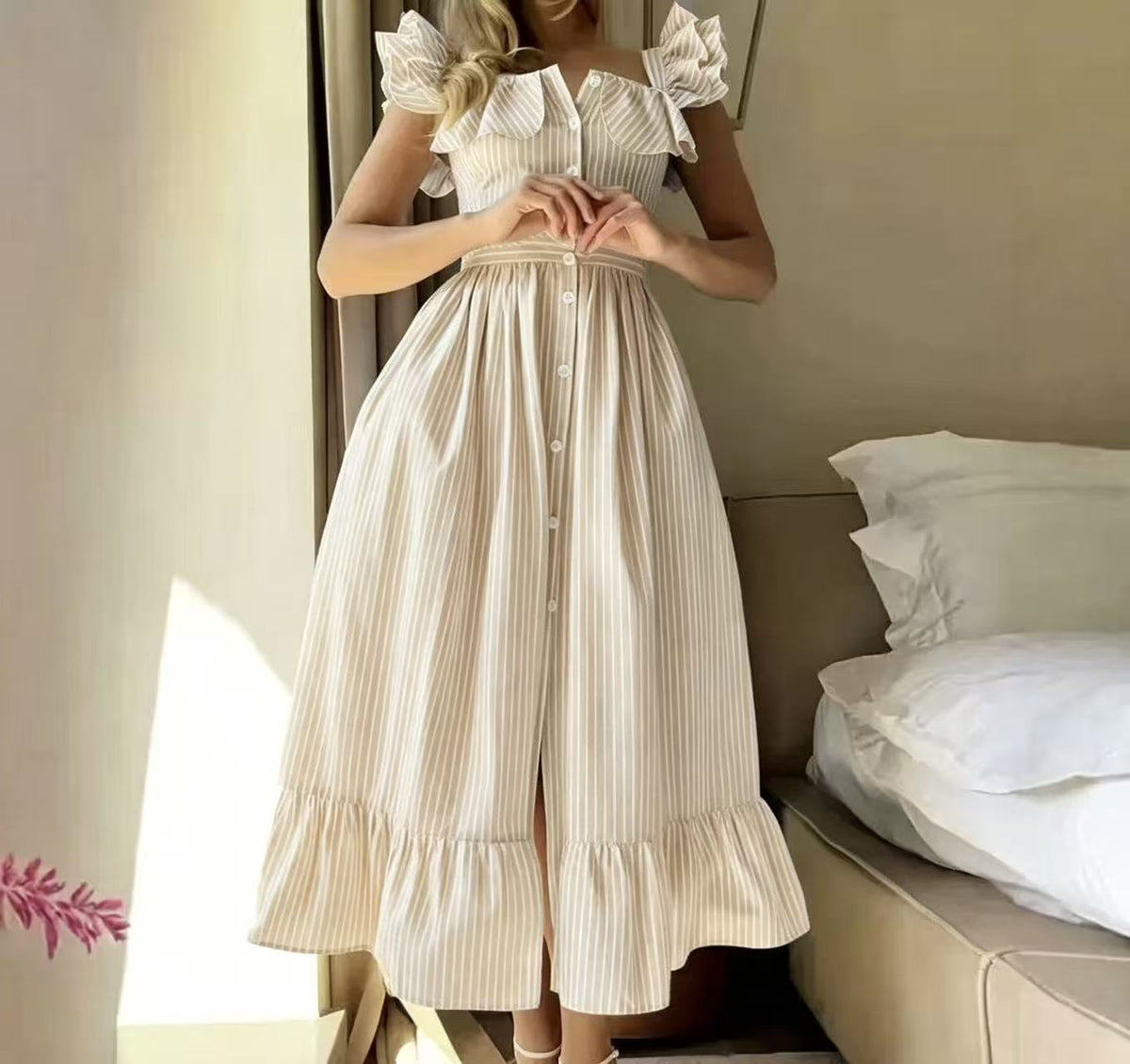 Buttoned Striped Dress With Puff Sleeves And Ruffled Hem by Ricaloux