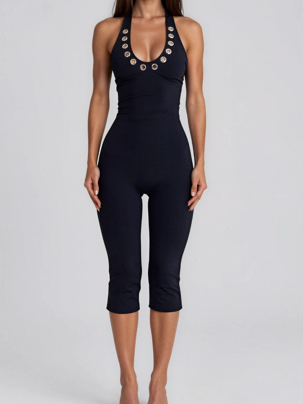 Halter-neck Metal-hole Tight Capri Jumpsuit by Ricaloux