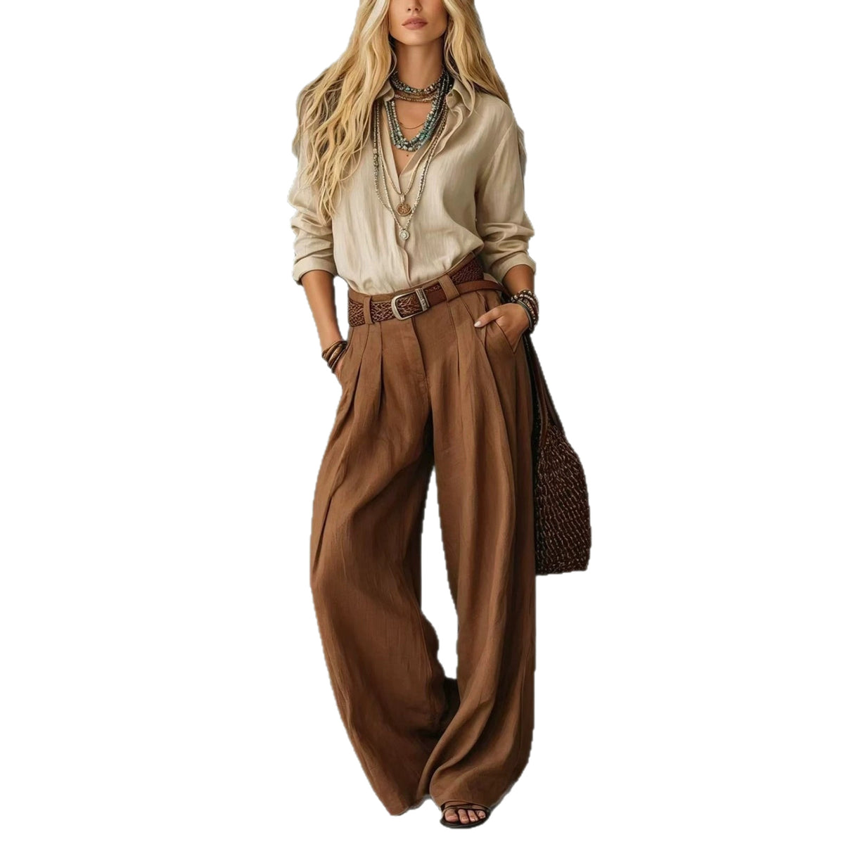 Womens Straight-Leg High-Waist Wide-Leg Pants And Blouse Set by Ricaloux