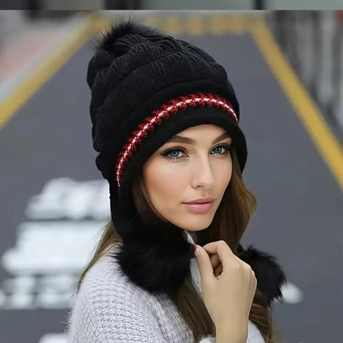 Cozy Knit Fleece-Feel Beanie With Ear Flaps & Pompom Warm Winter Hat For Women Perfect For Skiing & Outdoor Activities - RICALOUX