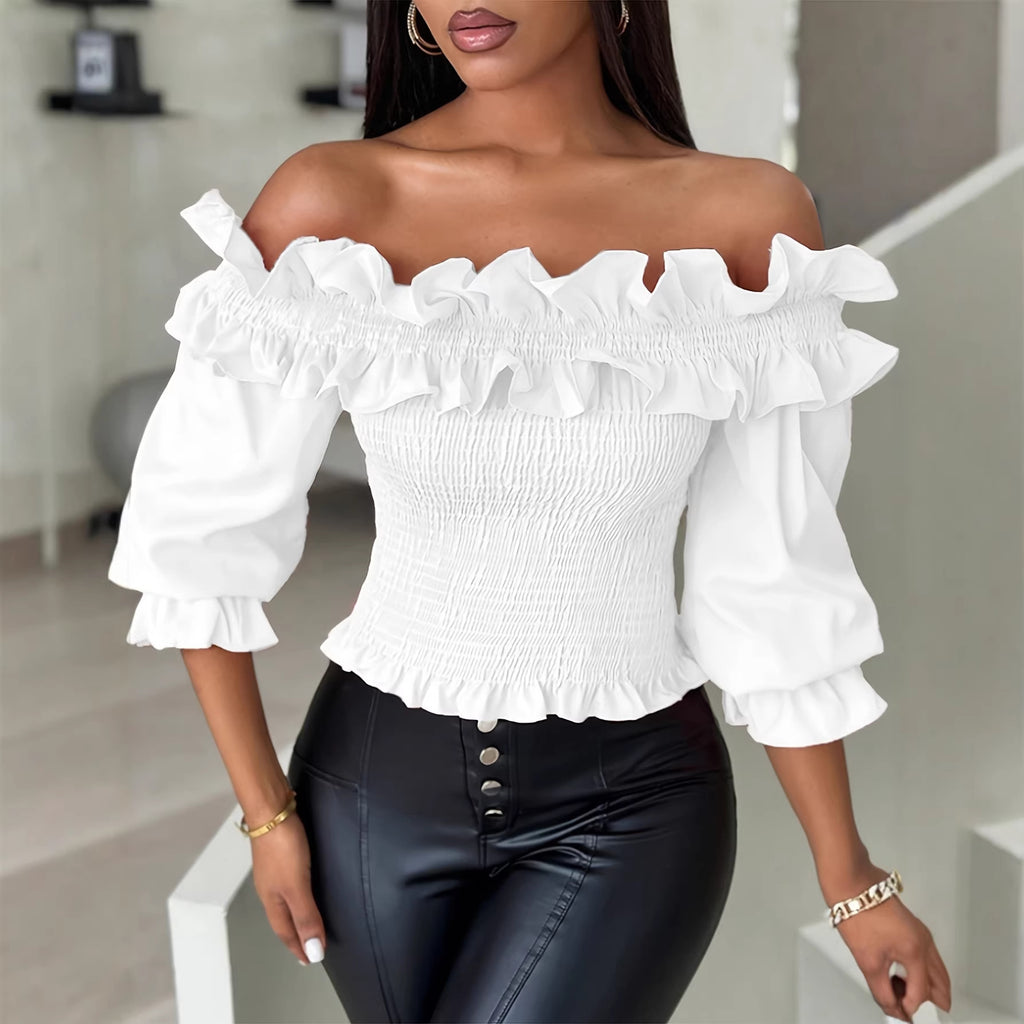 Womens Off-shoulder Ruffled Lantern-sleeve Blouse by Ricaloux