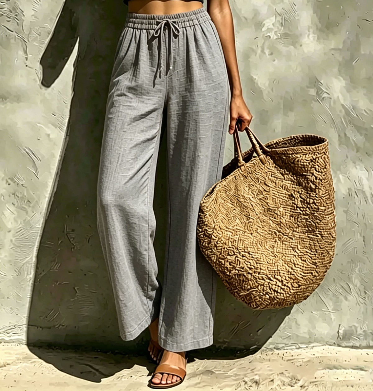 New Womens Casual High-waisted Loose-fitting Trousers With An Elastic Drawstring by Ricaloux