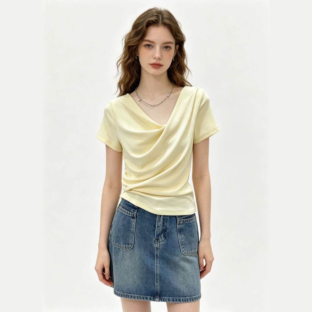 Design-focused Asymmetrical Boat-neck Short-sleeve T-shirt For Women – Premium 0 | RICALOUX