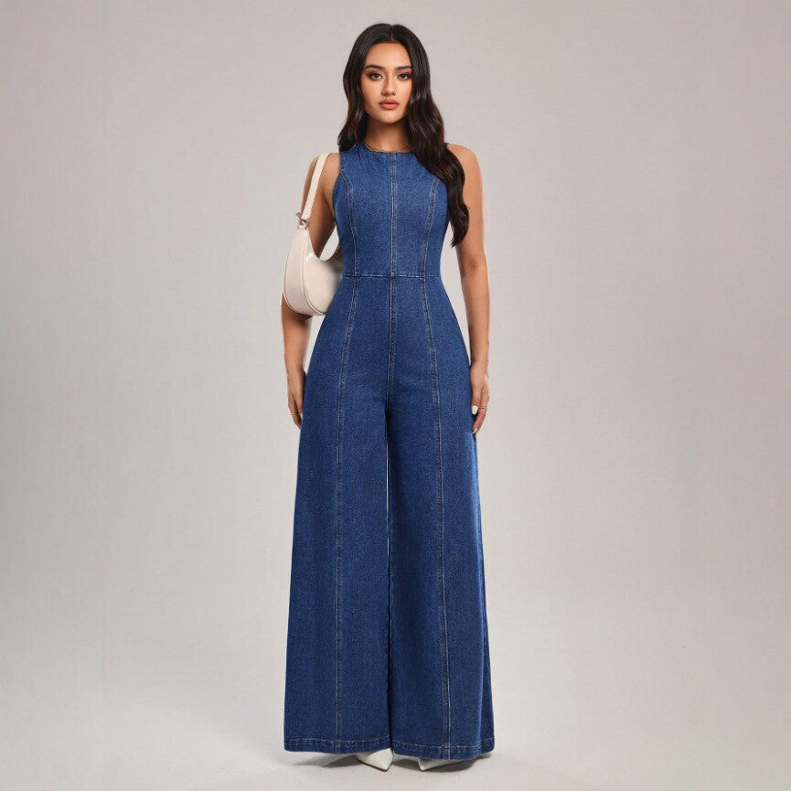 Denim Overalls Sleeveless Wide-leg Slim-fit Suspender Pants by Ricaloux
