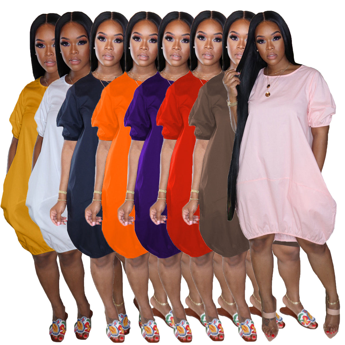 Women's New Solid Color Casual Bubble Skirt Dress - RICALOUX