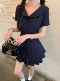 Navy Blue Doll-collar Short-sleeve Dress by Ricaloux