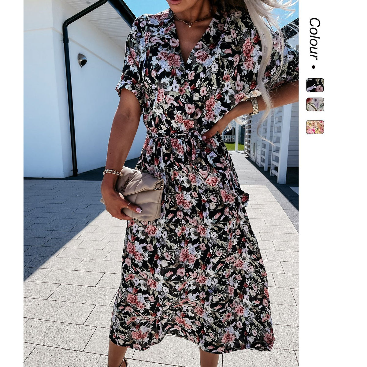 Womens Fashion Floral V-Neck Defined Waist Short-Sleeve Dress by Ricaloux