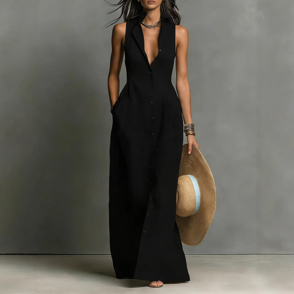 Breasted Sleeveless Shirt-collar Dress – Premium 0 | RICALOUX