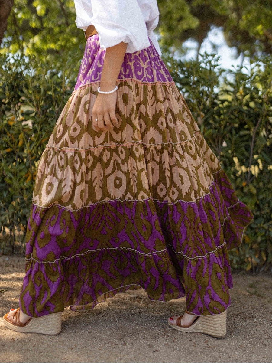 Printed Ruffled Flared Maxi Skirt by Ricaloux