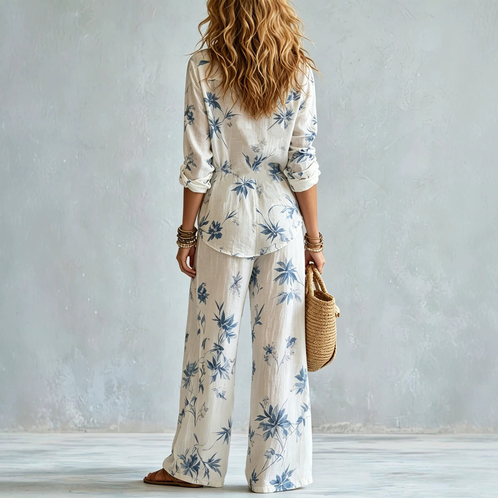 Bohemian Style Belted Resort Style Shirt And Wide Leg Pants Set For Women – Premium 0 | RICALOUX
