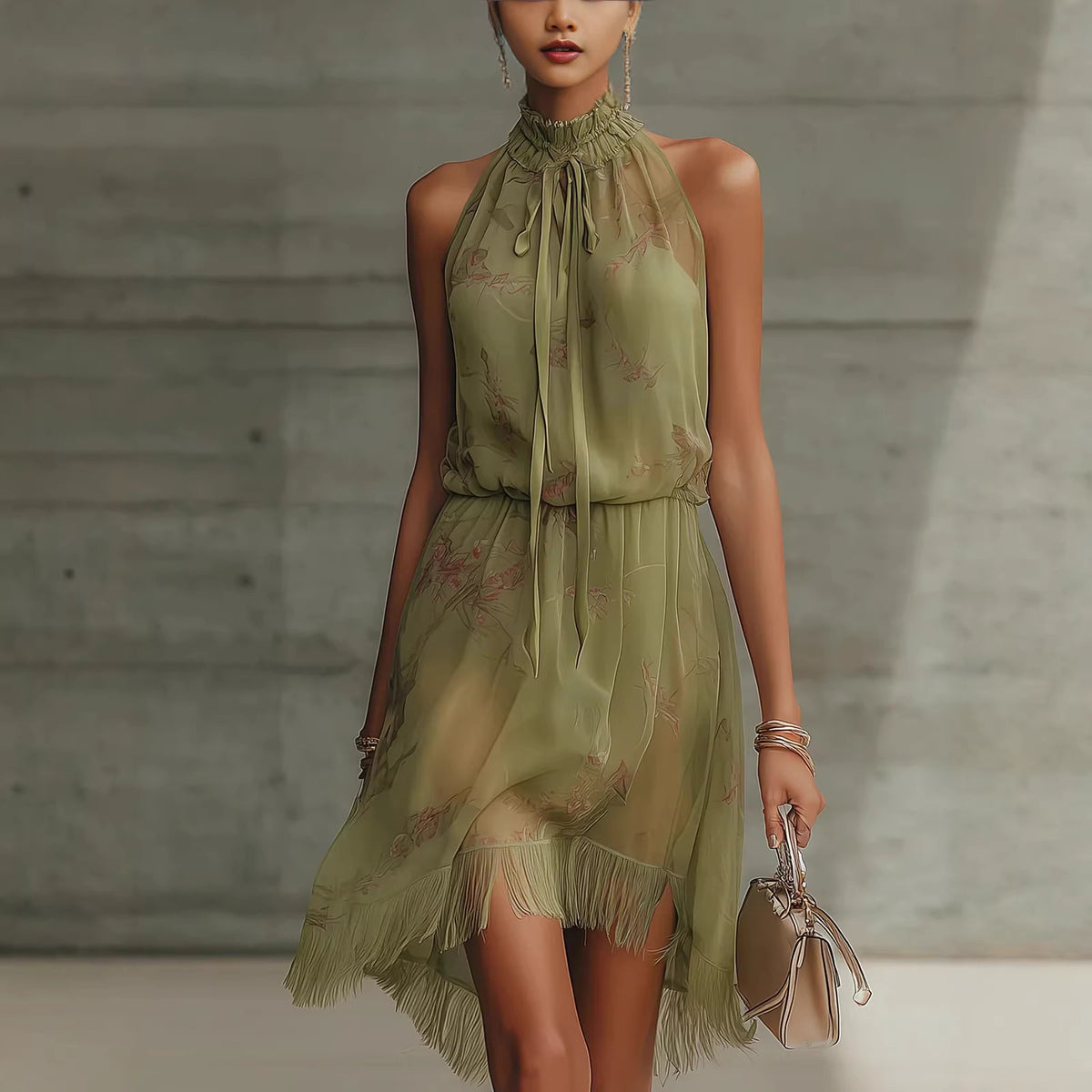 V-neck Waist Trimming Ruffles Elegant Dress by Ricaloux