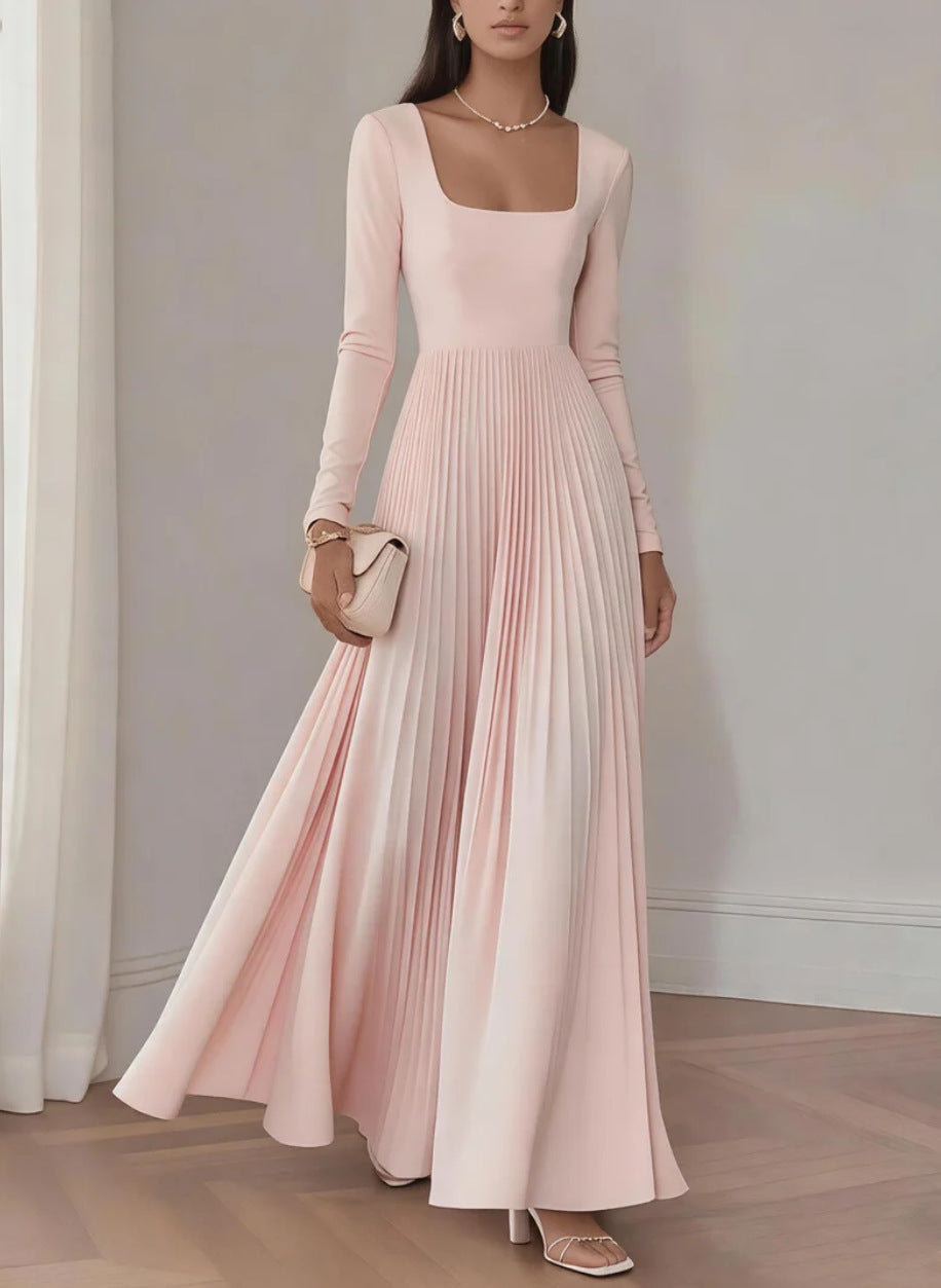 Womens Square-neck Long-sleeve Waist-cinching Pleated Dress – Premium 0 | RICALOUX