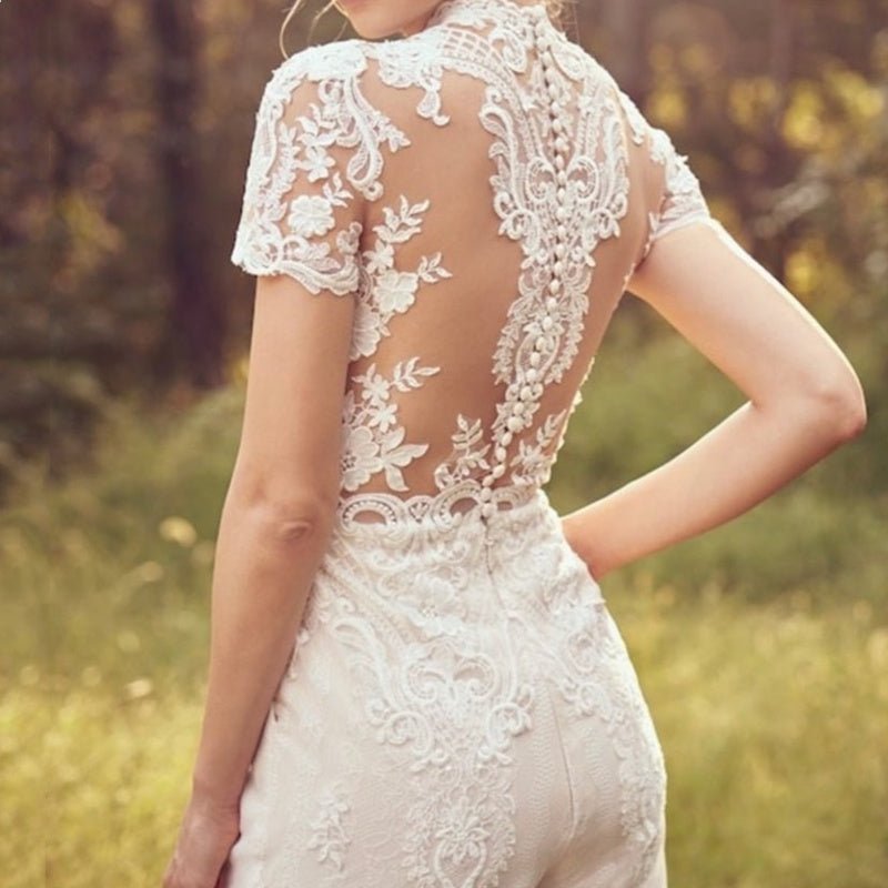Bride Pants Suit Wedding Bridal Gowns Short Sleeve Jumpsuit - RICALOUX
