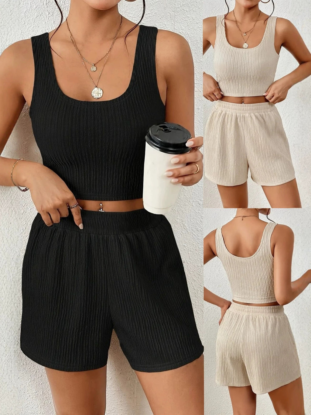 Women's Textured Sleeveless Crop Tank Top & Shorts Two Piece Set - Casual Loose Loungewear Set, Multiple Colors Available by Ricaloux
