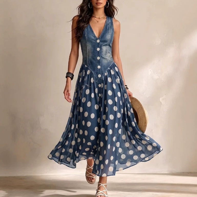 Casual Printed Denim-look Top With A Polka-dot Dress – Premium 0 | RICALOUX